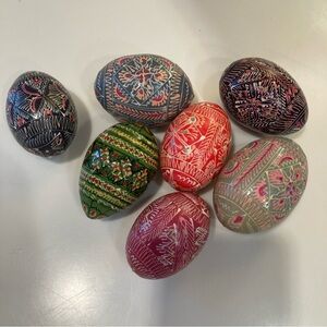 Pysanky Hand Painted Wood Easter Eggs Ukranian European VTG Folk Art Lot of 7
